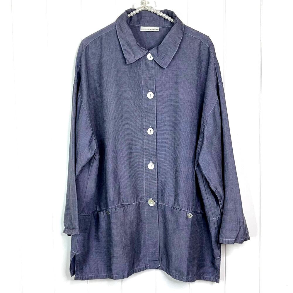 bryn walker Blue and White‎ Button Down Lagenlook Jacket Oversized SZ: S